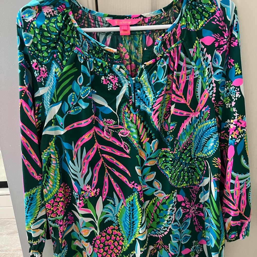 Lilly Pulitzer Green Tunic Top with Pink and Blue Tropical Print